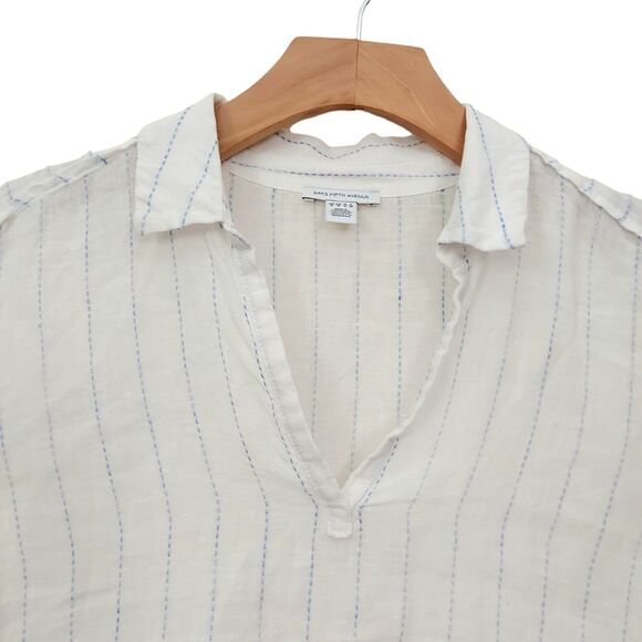 Saks Fifth Avenue Top Womens Small White Linen Pinstripe V-Neck Long Sleeve - Picture 2 of 12